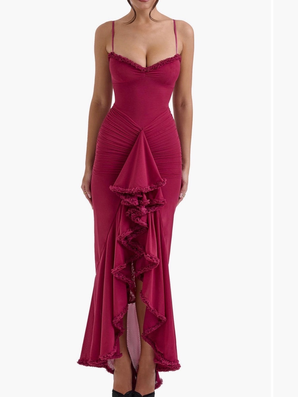 Women’s Spaghetti Strap Ruffle Gown in Beet Red
